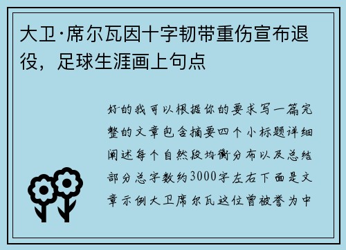大卫·席尔瓦因十字韧带重伤宣布退役，足球生涯画上句点